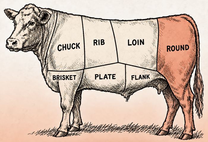 Butcher chart of a steer with the round shaded, the part a quarter share comes from